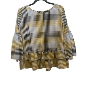 Ann Taylor‎ Factory peplum blue & yellow plaid bell sleeve N060